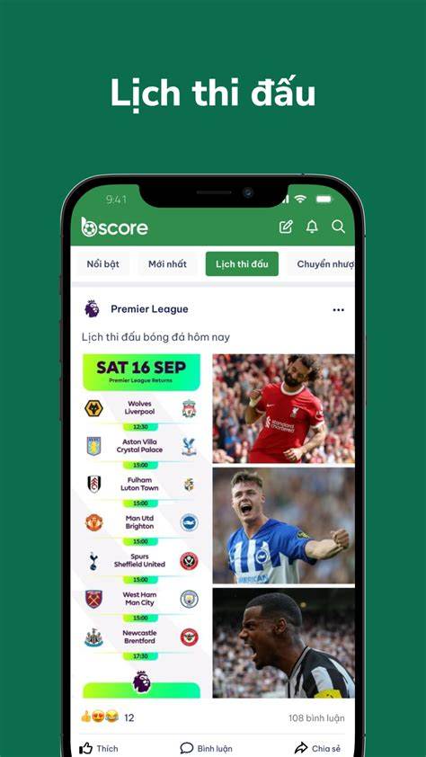 giao diện app tường thuật bóng đá ngoại hạng anh